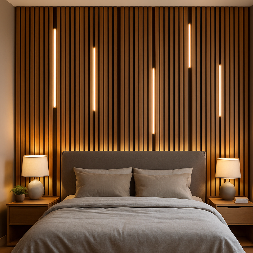 Beleuchtete Akustikpaneele im Schlafzimmer