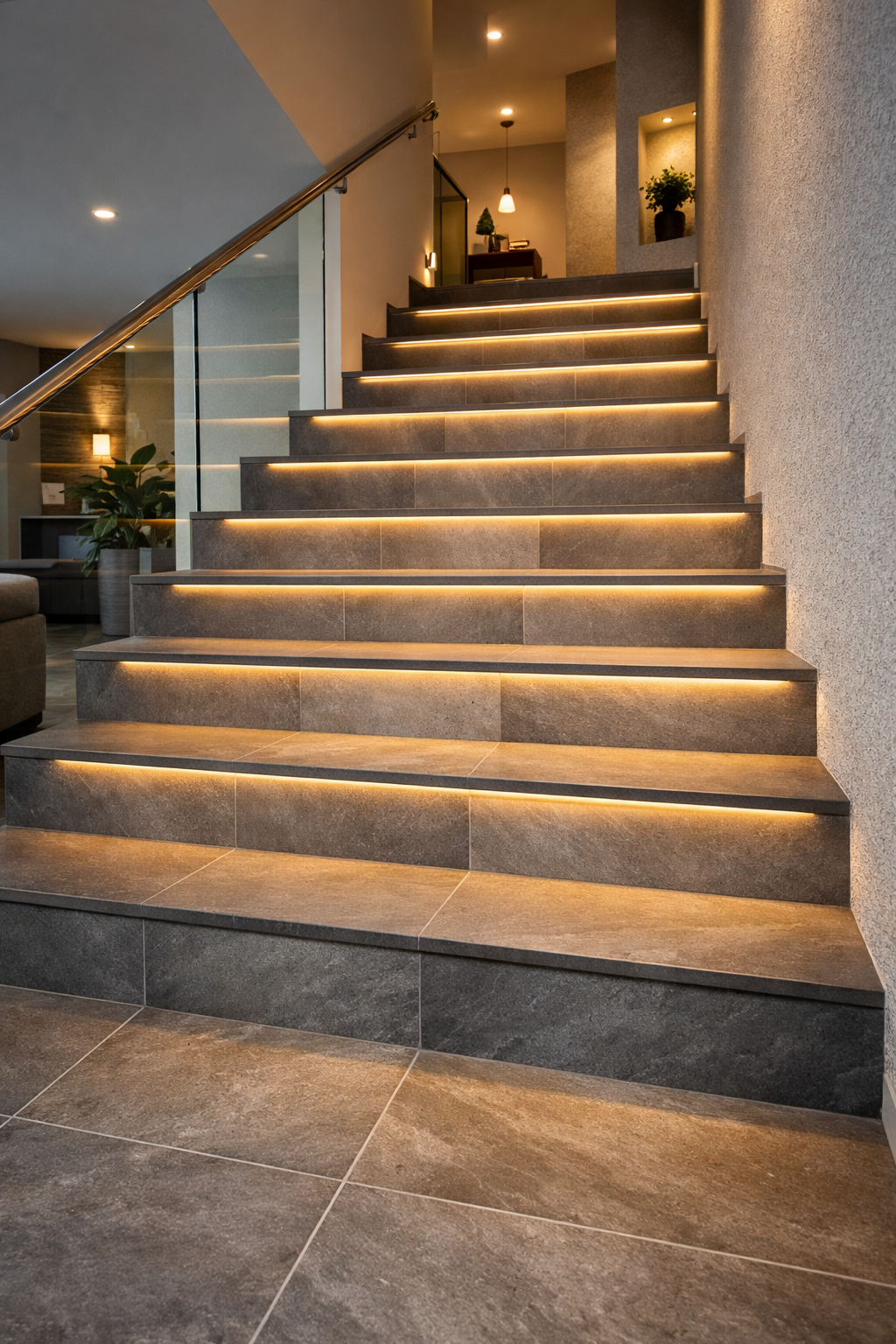 Beispielbild einer Fliesentreppe mit LED Profilen mit Streifen