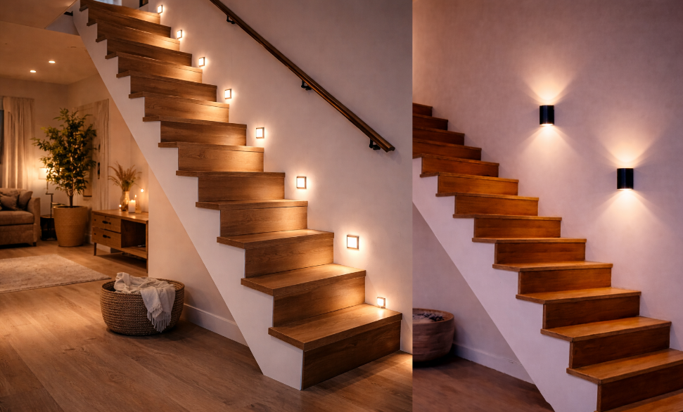 Beispielbild einer Treppe mit Spot-Beleuchtung und einer Treppe mit Wandleuchten