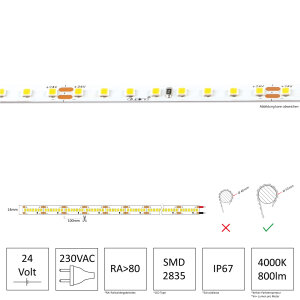 LED Streifen | High Voltage | 230V | 8 Watt | 110 LED/m | 800 Lumen/M | IP67 |  neutralweiss | 1m | Netzstecker ca. 25 cm