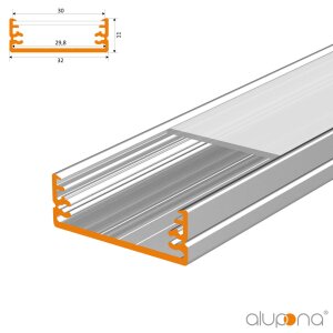 LED Aluprofil WIDE 200 cm eloxiert Abdeckung milchig slide mit Endkappen + 2 Stück Halter