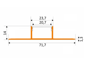 Technische Zeichnung LED Profil Pleni 20 – Aluminium Trockenbauprofil für verdeckten Einbau unter Gipskartonplatten, Maße 71,7 mm Breite und 14 mm Höhe, geeignet für LED-Streifen bis 20 mm