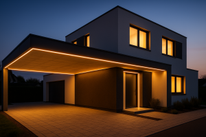 LED Profil Pleni 20 – verdeckter Einbau im Trockenbau für lineare Außenbeleuchtung, modernes Einfamilienhaus mit indirekter LED-Lichtlinie am Carport und Eingangsbereich