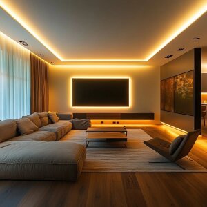 BENDO biegbares LED Trockenbauprofil – kreative Lichtlinien und Rundungen in der Decke, indirekte Beleuchtung im modernen Schlafzimmer