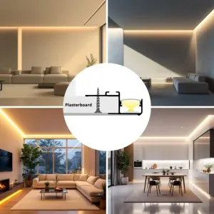 Anwendungsbeispiele LED-Lichtprofil NIVA – Montage im Trockenbau mit indirekter Beleuchtung für Wand und Decke in modernen Wohnräumen