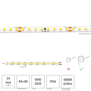 LED Streifen | 24 V | 4,8 Watt | 160 LED/M | 600 Lumen/M | IP66 | neutralweiss 4000K | 7m  | Anschlusskabel ca. 15 cm