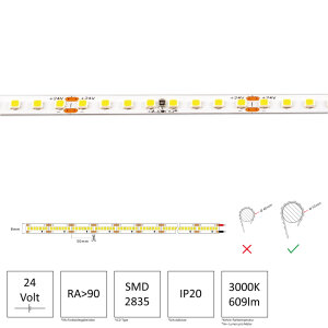LED Streifen | 24 V | 9,6 Watt | 160 LED/m | 1152 Lumen/M | IP20 | warmweiss | 5m  | ohne Anschlusskabel